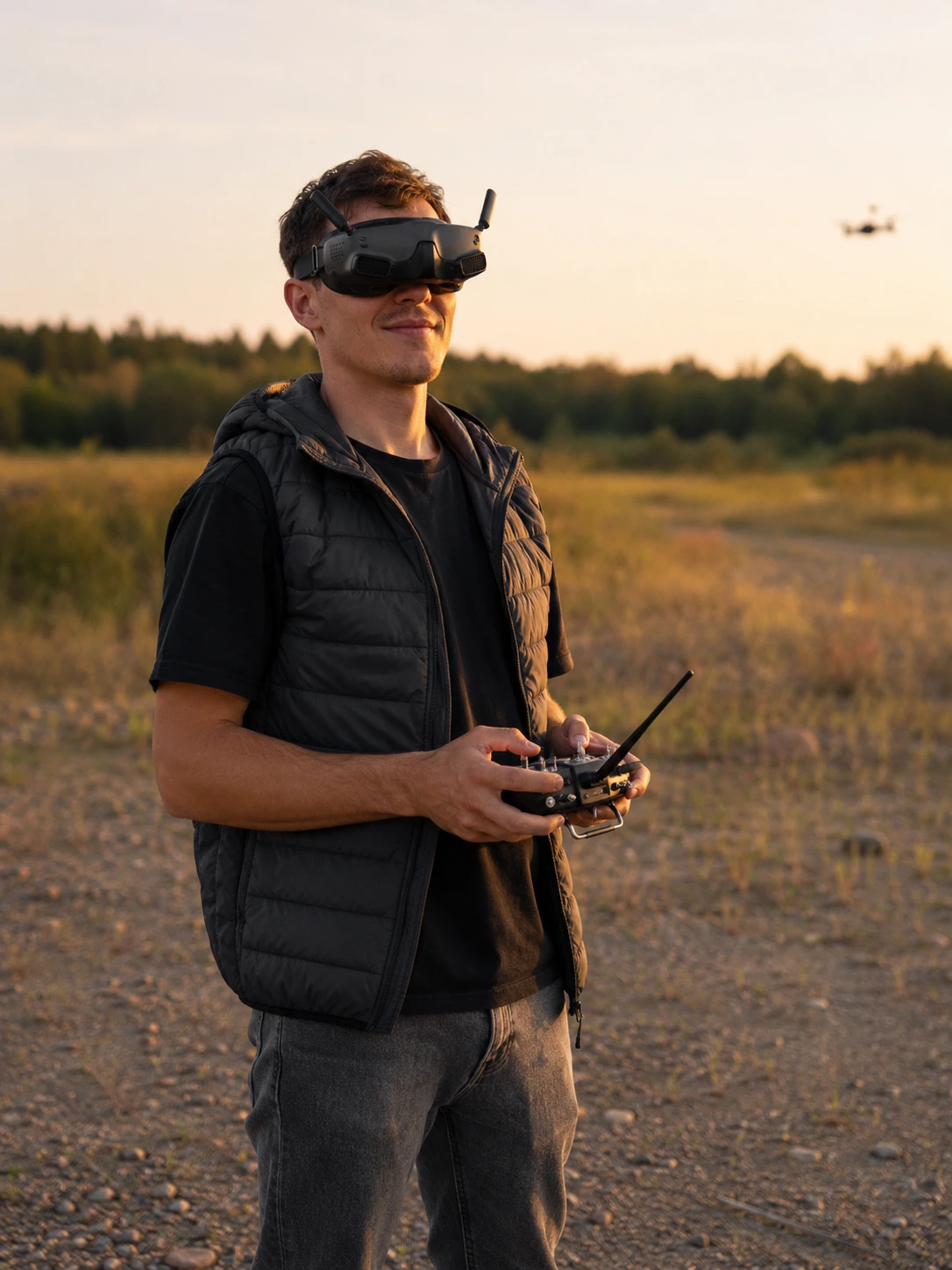 FPV-пилот в очках управляет дроном на полигоне на закате