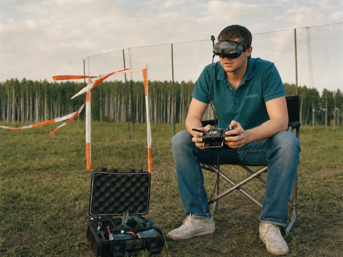 Оператор в FPV-гарнитуре на полигоне с пультом управления