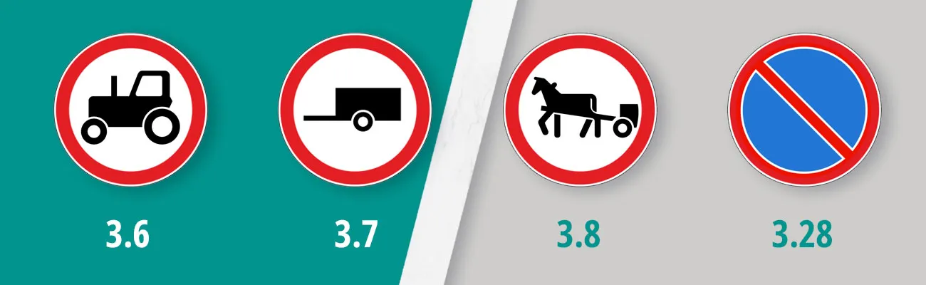 Дорожные знаки: 3.6, 3.7, 3.8, 3.28